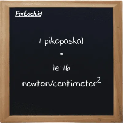 1 pikopaskal setara dengan 1e-16 newton/centimeter<sup>2</sup> (1 pPa setara dengan 1e-16 N/cm<sup>2</sup>)